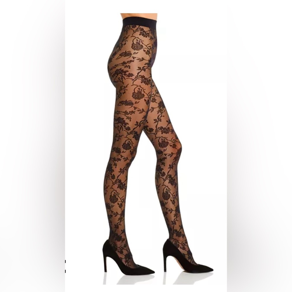 WOLFORD “MARIE” FLORAL TIGHTS 14786. Black/Black Size XS